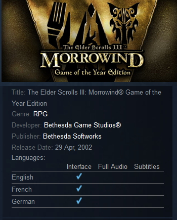 The Elder Scrolls III: Morrowind Game of the Year Edition Steam - Click Image to Close